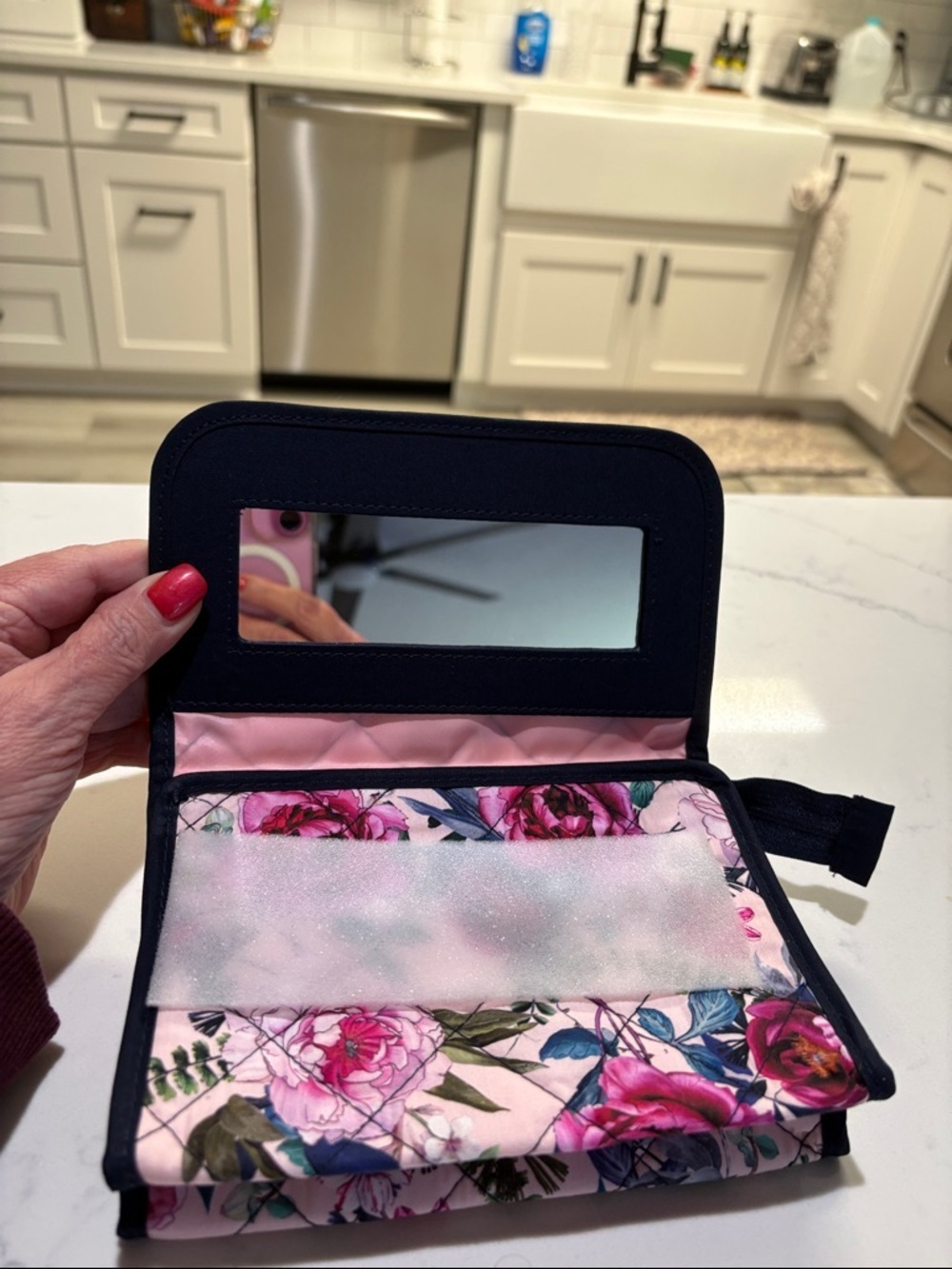 Floral Quilted Foldover Cosmetic Bag with mirror - Pink Floral…. - Picture 2 of 7
